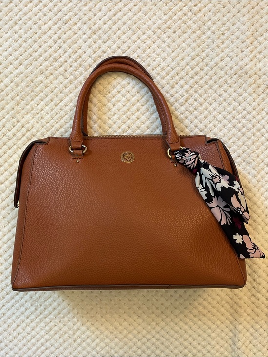 Anne Klein Handbags - Anne Klein Cognac Pebbled Leather Purse with Floral Scarf and Cross Body Strap